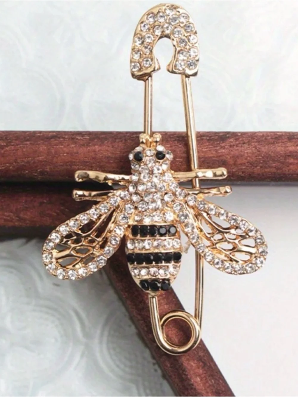 Gold Bee Crystal Safety Pin Brooch - Gold